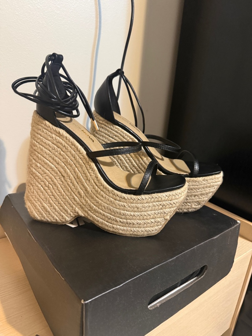 Fashion Nova Black Lace-Up Espadrille Wedge Sandals